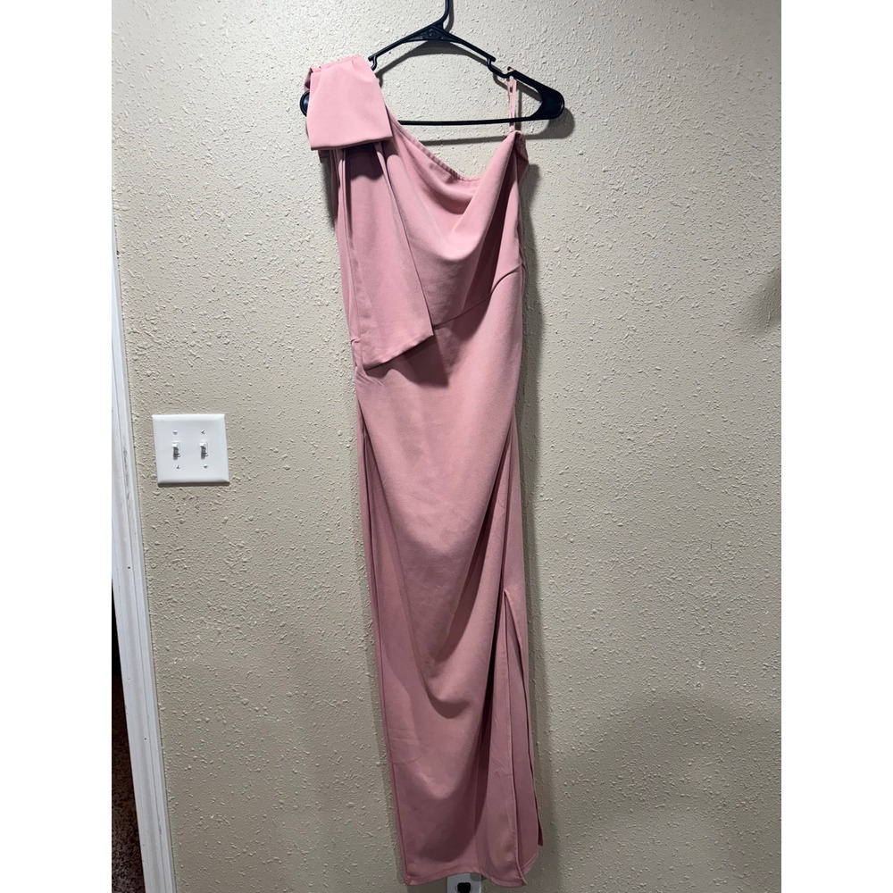 PRETTYGARDEN Womens One Shoulder Maxi Dress Pink Bow Detail Side Slit Gown‎ L